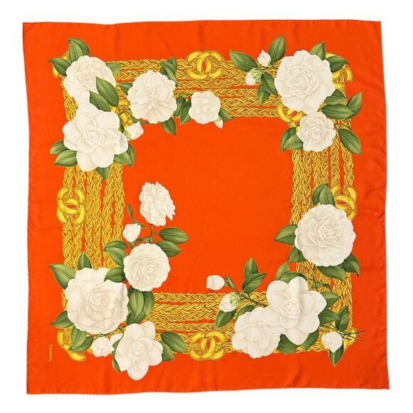 Vintage CHANEL Large Silk Scarf with Floral and Chain Motifs - Picture 1 of 4